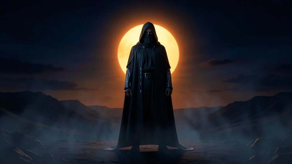 A cinematic character portrait beneath a glowing moon