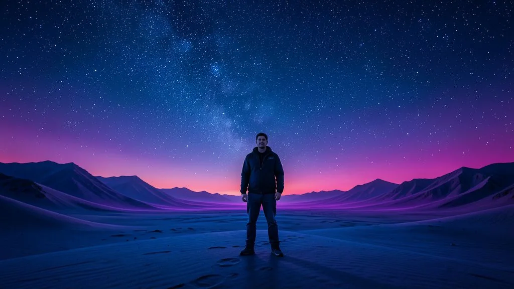 A lone traveler beneath a vivid star-filled sky