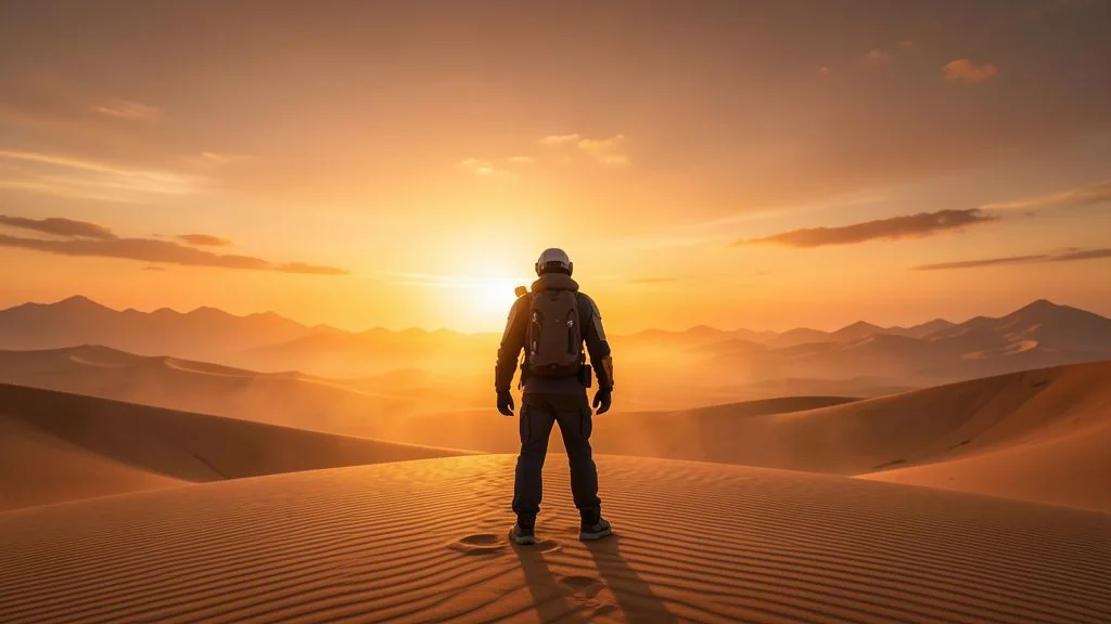 A traveler facing a dramatic golden desert sunrise