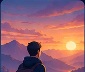 A traveler looking across a glowing mountain valley at sunset