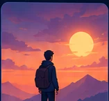 The traveler reaches a mountain viewpoint at sunset