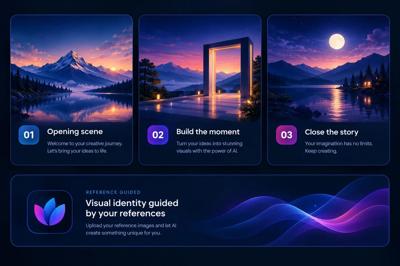 YCORE storyboard concept with three connected scenes and a visual reference panel